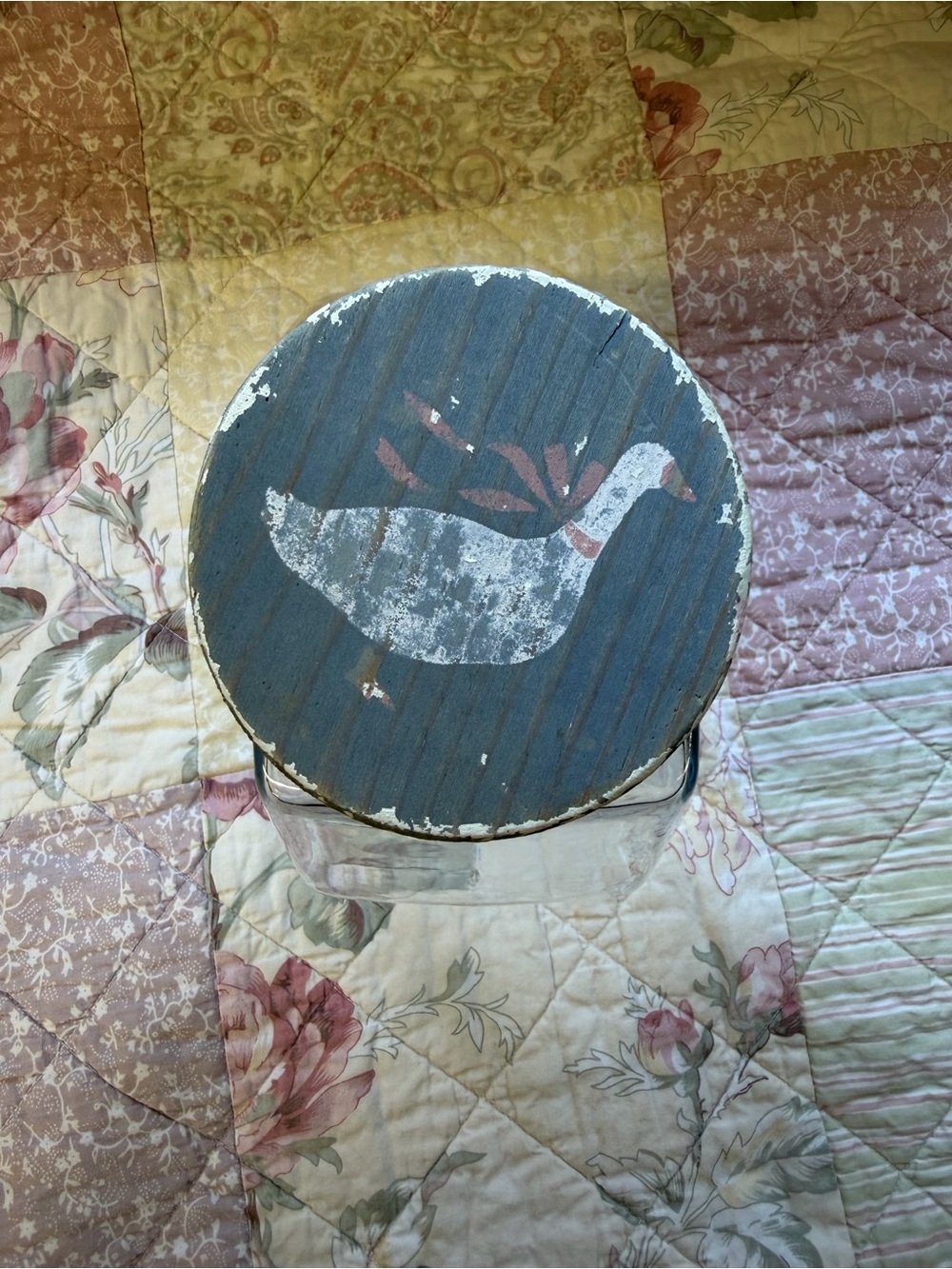 Rustic Wooden Top Glass Canister with Duck Motif - Blue & White